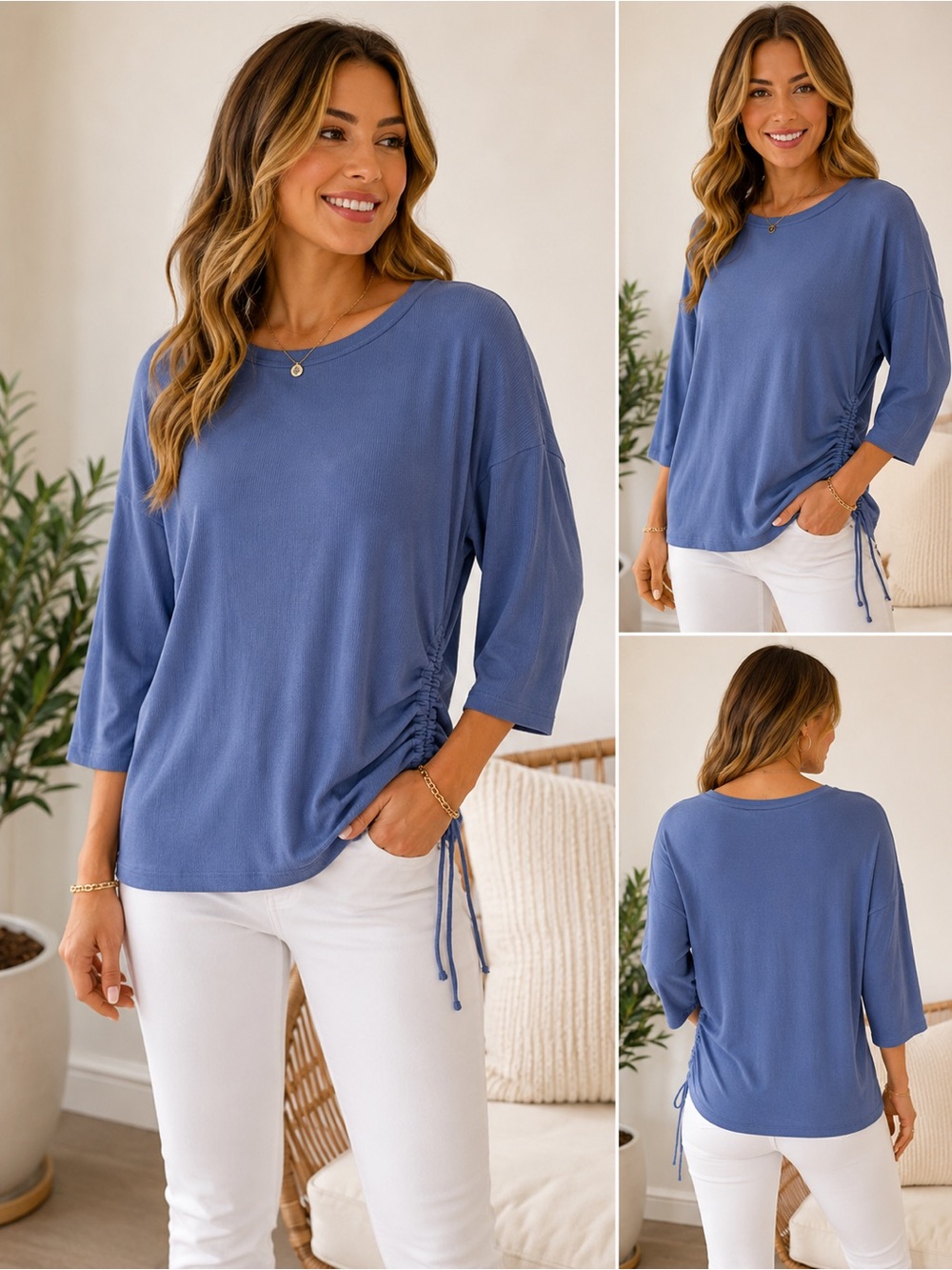 NWT Studio B by Bobeau Blue Ruched Side Tie 3/4 Sleeve Top M
